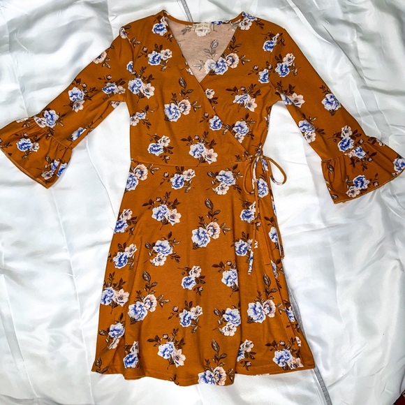 Altar'd State Dresses & Skirts - Altar’d State Mustard Yellow Floral Faux Wrap Midi Dress size small